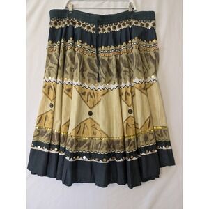 Ashro Tiered Maxi Skirt Womens XL Black Tan Boho Tribal Embellished Cotton Skirt